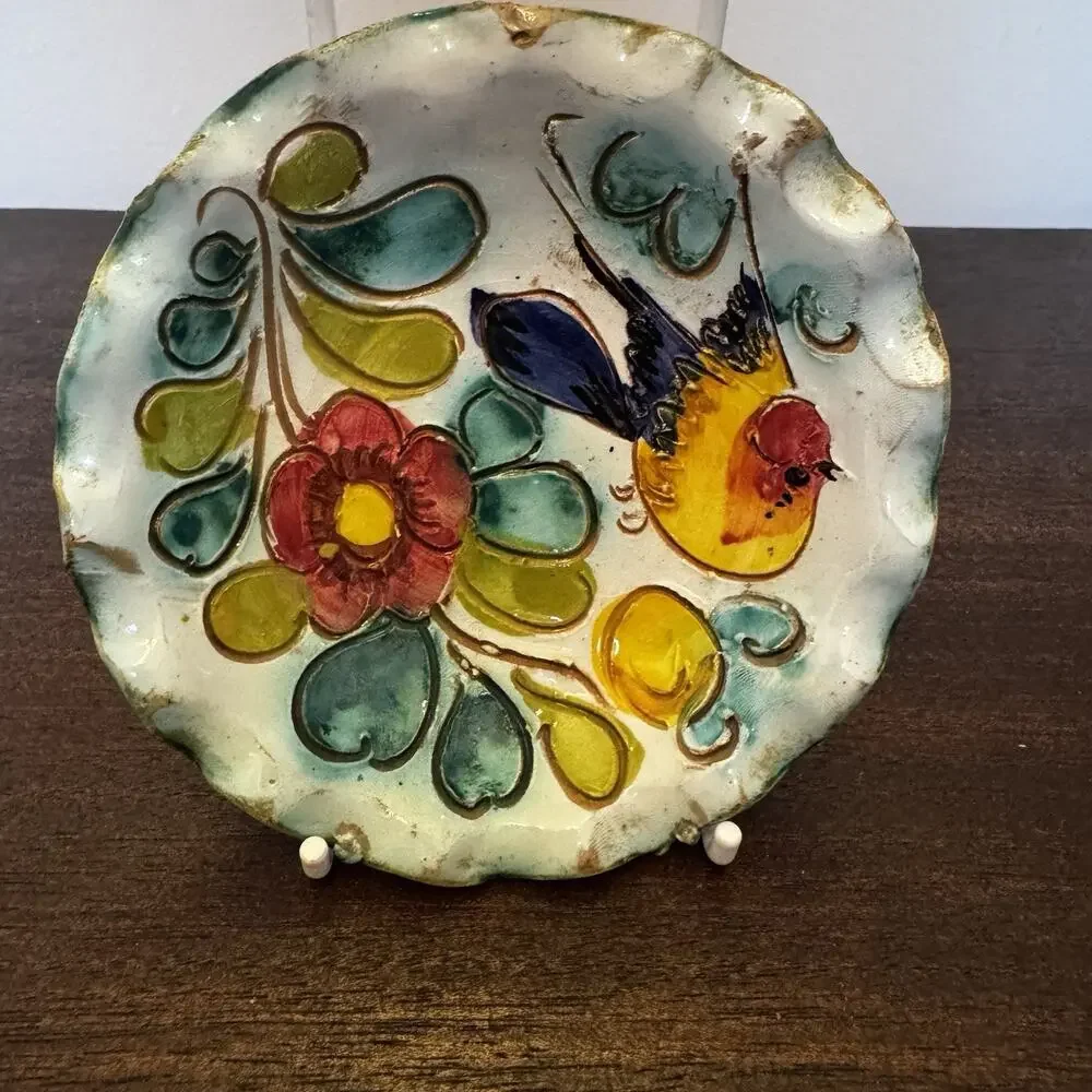 Italian Pottery Trinket Bowl Dish Rustic Hand Painted Scalloped Bird Flower 4.5